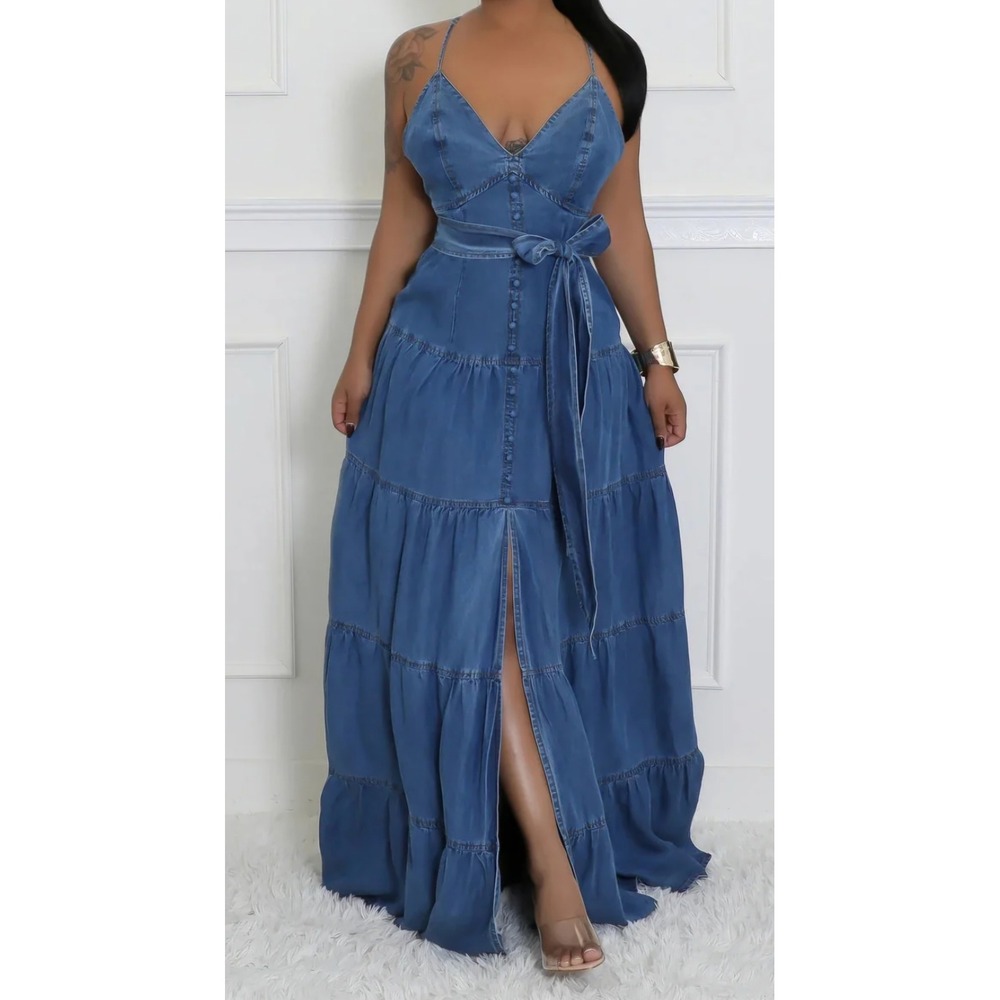 Loragal Maxi Dress Women L Blue Denim Tiered Strappy Halter Back Tie Boho NWT